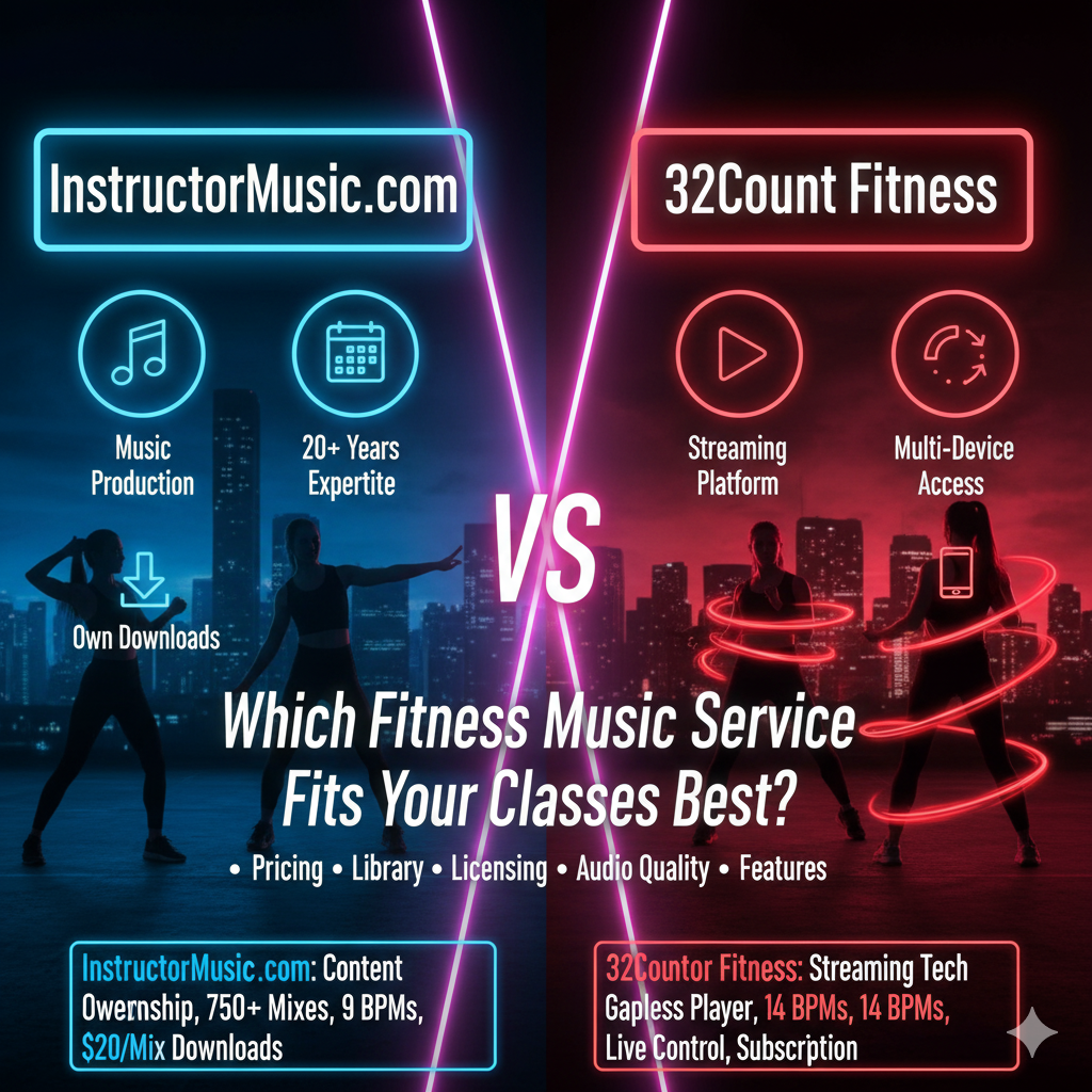 Instructor Music and 32Count Fitness appear to be closely related or affiliated platforms. Let me search for more clarity on their relationship and distinct features.: Instructor Music is a music production company that creates fitness mixes 32Count Fitness is a streaming platform that delivers those mixes (and others) They are closely affiliated - the FAQ explicitly states: "Everything you see on Instructor Music is also at 32CountFitness.com. That's right all 800 plus mixes all from Original Artists, are on 32CountFitness.com." Compare Instructor Music vs 32Count Fitness: Learn how these fitness music providers work together to deliver streaming, downloads, and professional workout music.