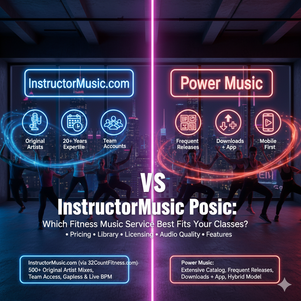 Compare InstructorMusic.com vs Power Music on pricing, library, quality, licensing, and features to pick the best fitness music service for your needs. In group fitness, the right music isn't background—it's a coaching tool that drives energy, timing, and retention. Two established names in the industry, InstructorMusic.com and Power Music, both aim to deliver class‑ready soundtracks that keep members moving. Yet their approaches differ significantly. This unbiased comparison examines InstructorMusic.com vs Power Music across pricing models, music library depth, audio quality and formats, workout music licensing considerations, user experience, target audiences, unique features, and support. Whether you're researching "32CountFitness.com vs Power Music" or exploring other gym music providers, the decision criteria covered here will help you choose the fitness music service that best aligns with your formats, workflow, and budget.